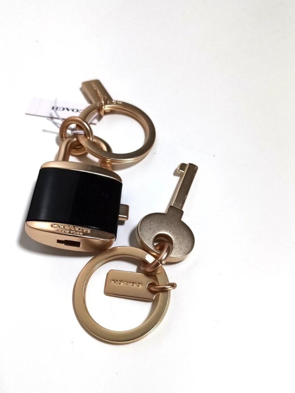 Coach Lock And Key Bag Charm Key Ring Purse Fob C1679 Black Enamel Gold NWT - Picture 4 of 8